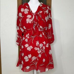 Soprano Red Floral Mini Dress Tie Front Size Small